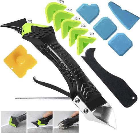 Caulking Tool 5 in 1 Silicone Caulking Grout Removal Tool Sealant Finishing Tool with Grout Scraper, 6 Exchange Silicone Pads, Adhesive Residue Sc...