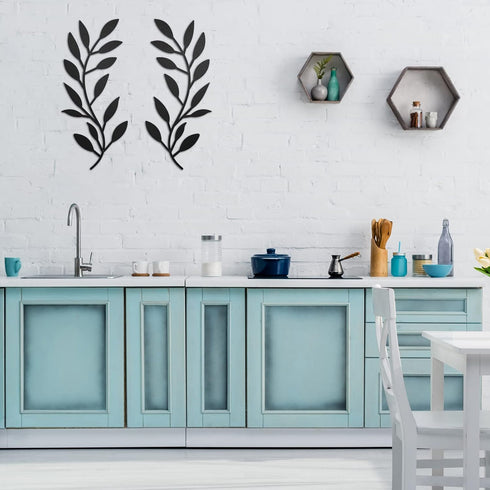 2 Pieces Metal Tree Leaf Wall Decor Vine Olive Branch Leaf Wall Art Wrought Iron Scroll Above The Bed, Living Room, Outdoor Decoration (Black)...