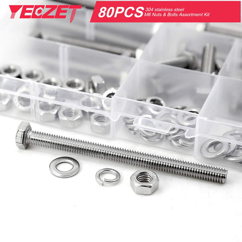 20Set M6 Stainless Steel Hex Head Screws Bolts and Nuts Flat & Lock Washers Assortment Kit, 304 Stainless Steel 18-8,Fully Machine Thread 25mm 40m...