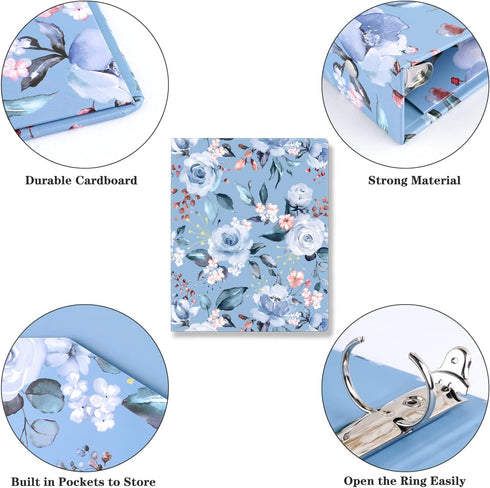 WAVEYU Cute 3 Ring Binder 1 Inch Ring with Letter Size Interior Pockets for School Office Supplies, Blue Flower...