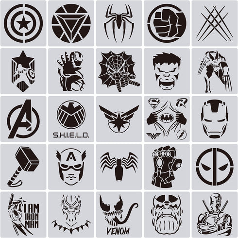 25 Pcs Superhero Stencils for Painting on Wood Canvas - Kids Drawing Painting Stencil Art Supplies Superhero Avatars and Logo Stencils for Home De...