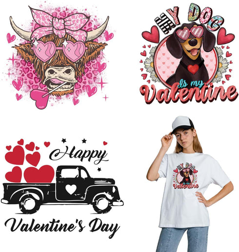 Valentine's Day Iron on Decals for T-Shirts Iron on Decals Patches Red Heart Pickup Truck Heart Shaped Glasses Cattle Dog Iron on Sticker for Clot...