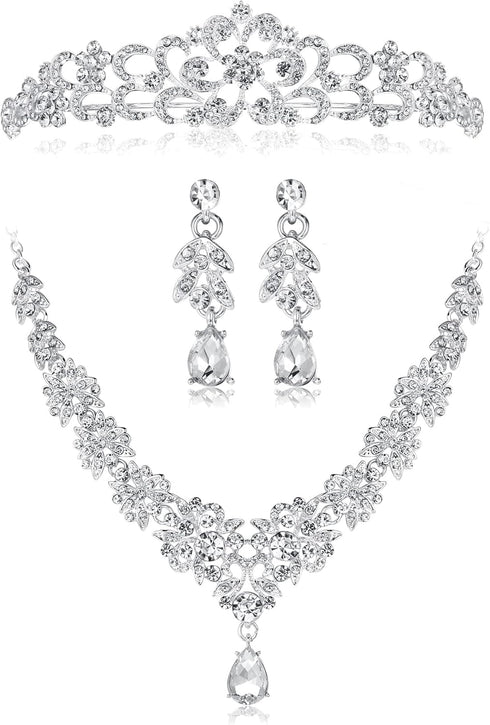 Kakonia Wedding Jewelry For Bride Bridesmaids Rhinestone Necklace Earrings Sets For Women Bridal Wedding Tiara Crown Silver Crystal Costume Prom J...