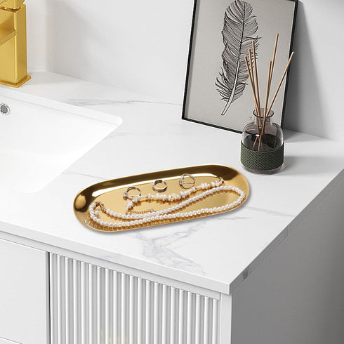 Stainless Steel Towel/ Dish Plate, Tea/ Fruit Storage Trays Cosmetics Jewelry Organizer, Gold, Oval...