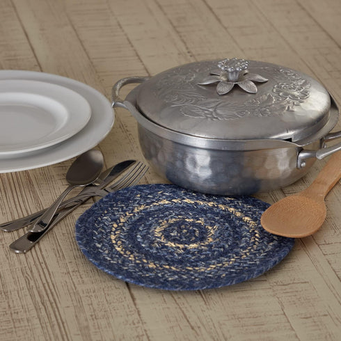 VHC Brands Great Falls Blue Trivet Hot Pad for Pots Pans, Blue White, Jute Blend, Round Circle, 8 Inches...