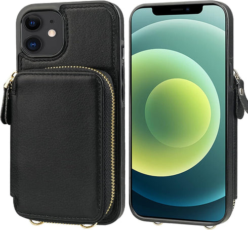 Bocasal RFID Blocking Wallet Case for iPhone 12/12 Pro, Adjustable Crossbody Zipper Purse Case Card Holder with Kickstand Detachable Wrist Strap, ...