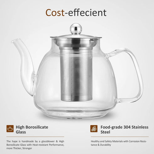 42oz/1250ml Glass Tea Kettle?Glass Teapot with Removable Stainless Steel Infuser, for Blooming and Loose Leaf Tea, Stovetop & Microwave Safe Tea P...