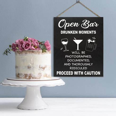 JennyGems Open Bar Hanging Wood Sign | Drunken Moments Will Be Photographed Documented and Thoroughly | Funny Wedding Reception Decor Sign | Birth...