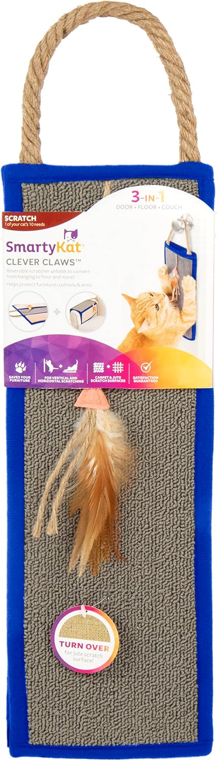 SmartyKat Clever Claws Carpet & Burlap Hanging Cat Scratch Mat - Brown/Gray with Blue Trim, One Size...