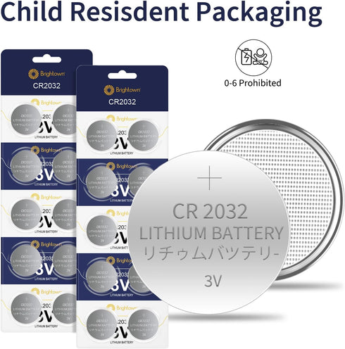 Brightown CR2032 Batteries, 3V Lithium Coin Cell Batteries, CR2032 Button Batteries for Small Electronic Devices, Watches, Key Fobs, Smart Sensors...