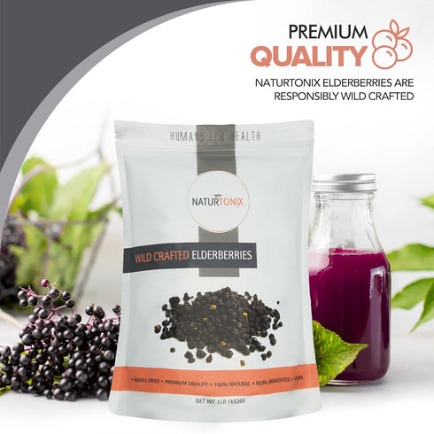 Naturtonix Whole Dried Elderberries, All Natural Immune Booster, Vegan, Gluten Free & Non-GMO, Vitamin C, Sambucus Nigra, For Making Tea, Syrup, J...