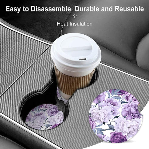 Purple Floral Cup Holders Car Coasters Set for Women Girl,Pretty Design Keep Cup Holders Clean and Dry,Drink Cup Car Holder Coasters with A Finger...