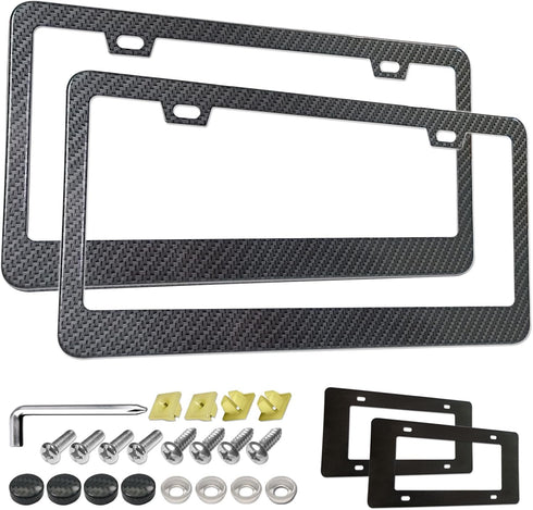 Aootf Carbon Fiber License Plate Frames - 2 Pack Black Aluminum Printed Carbon Patterns 2 Holes Front & Rear Car Tag Holder with Screws, Caps...