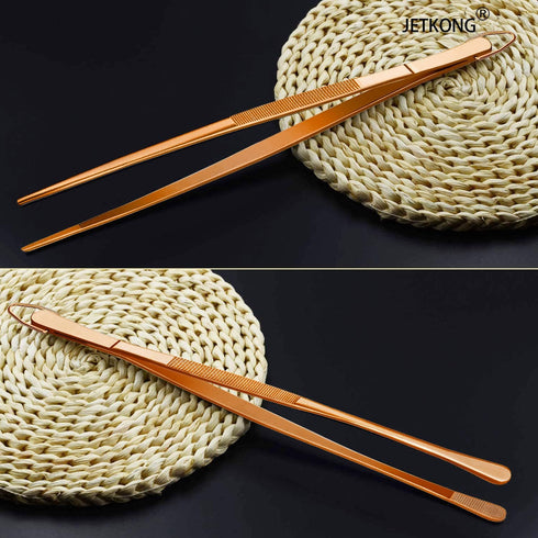 JETKONG 2 Pcs 12-Inch Kitchen Tweezers Cooking Tweezer Tongs Stainless Steel Long Food Tweezers (Rose Gold)...