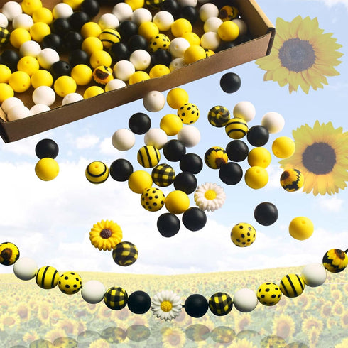 128pcs Silicone Beads Bracelet Making Kit Beads, 15mm Silicone Beads Yellow Black White Round Silicone Beads Bulk, Sunflower Craft Beads for DIY K...
