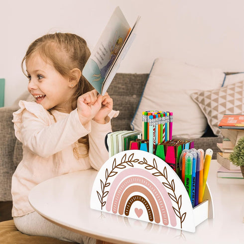 Back to School Rainbow Pencil Pen Holder Boho White Pink Wooden Pen Organizer Desktop Pen Container for Makeup Brushes Crayon Office Student Teach...