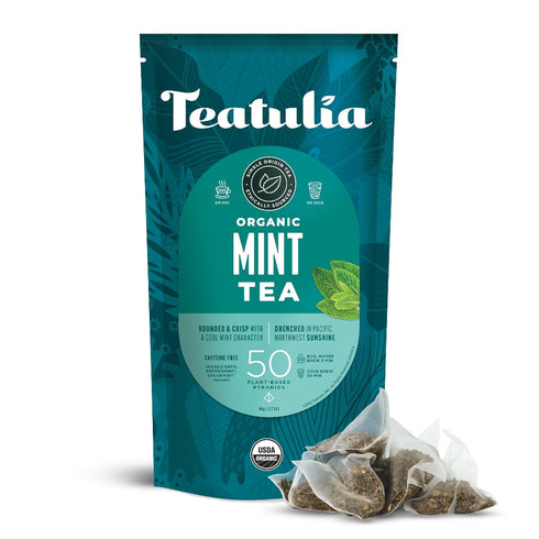 Teatulia Organic Mint Tea Bags (50 Pyramid Sachet Teabags) Whole Leaf Mint Tea 100% Compostable Sustainably Grown Spearmint + Peppermint in Washin...