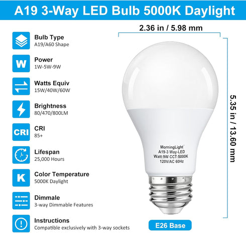3-Way LED Light Bulbs 15/40/60Watt Equivalent, Daylight White 5000K 3 Way Light Bulbs, Dimmable A19/A60 Three Way Light Bulbs for Table Lamp, Floo...