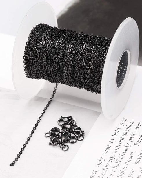33 Feet Black Stainless Steel Flat Cable Chains Link Spool Bulk with 20 Lobster Clasps and 50 Jump Rings for Pendant Necklace Jewelry DIY Making...