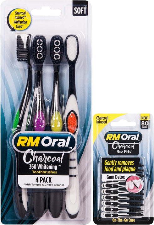 Charcoal Whitening Soft Brushes 4ct with 80 Count Charcoal Floss Picks...
