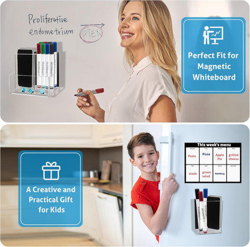 2 Pack Magnetic Pen Holder, Acrylic Magnetic Dry Erase Marker Holder with Full Magnet Back and 4 Compartments, Magnetic Pencil Cup Locker Organize...