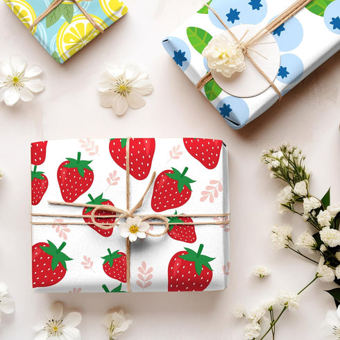 JarThenaAMCS 12 Sheet Fruit Wrapping Paper Strawberry Lemon Pineapple Gift Wrap Paper Bulk Summer Decorative Art Paper Folded Flat for Birthday Ba...