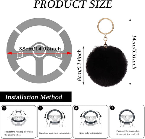 4PCS Set Fluffy Steering Wheel Covers with Handbrake Cover&Gear Shift Cover&Plush Keychain Furry Steering Wheel Cover for Women Girl Fashion Warm ...