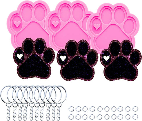 3pc Shiny Paw with Heart Resin Silicone Mold, Dog Paw Print Keychain Mould Crafts Epoxy Resin with 10PC Key Ring(DY0292+DY0292+DY0292)...