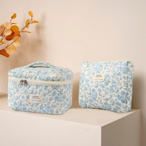 2 Pcs Cotton Quilted Makeup Bag Set, Floral Cotton Cosmetic Bag, Aesthetic Toiletry Travel Organizer Bag for Women Girls (Large+Medium)...