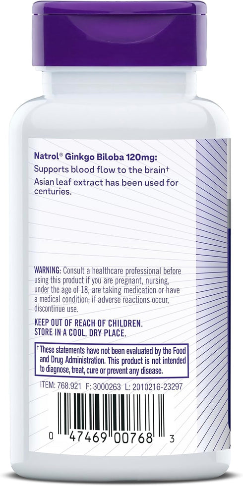 Natrol Brain Health Ginkgo Biloba 120mg, Dietary Supplement for Brain Health and Memory Support, 60 Capsules, 60 Day Supply...