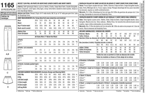 Simplicity Easy-to-Sew Pattern 1165 Misses Slim Pull-on Pants, Long, or Short Shorts Sizes 6-8-10-12-14...