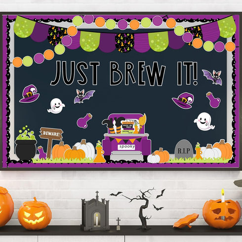 94Pcs Halloween Bulletin Board Decoration Kit Halloween Party Bulletin Board Set Pumpkin Bat Ghost Witch Paper Cutouts with Glue Points for Classr...