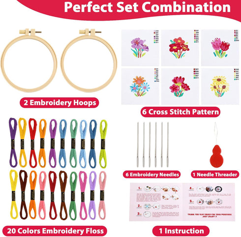 ZOIIWA 6PCS Cross Stitch Kits for Beginners DIY Embroidery Kit for Kids Adults Mother's Day Birthday Gift Spring Summer Flower Needlepoint Pattern...