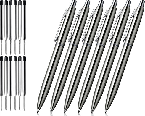 6 Pcs Retractable Metal Ballpoint Pens, for Gift, Business, Office, 1.0mm Medium Point Black Ink, 12 Extras Replaceable Metal Refills - Stainess S...