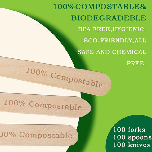 Disposable Wooden Forks -Pack of 100, 6.5" Length-Biodegradable, Natural Wooden Utensils, Great for Parties,Camping,Weddings&Dinner Events (Knives...