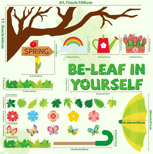 149 Pcs Spring Bulletin Board Boarder Decorations Set Be-Leaf in Yourself Spring Cut Outs Classroom Tree Spring Leaves Flowers Umbrella Cutouts fo...