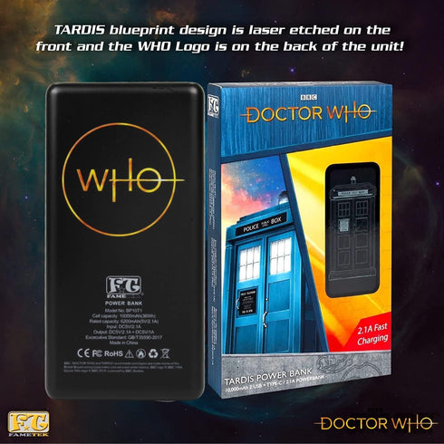 Doctor Who Phone Charger | Slim Pocket Sized 10,000mAh Power Bank with Tardis Design, 2 USB Outputs, 2.1A & 1A, Charges Two Devices, USB-A Chargin...