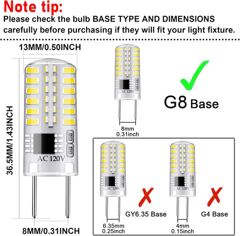 Dimmable G8 LED Bulbs Daylight White 6000K 3W Equivalent to T4 Bi-Pin Base 120V 20W-25W Halogen Bulbs for Under Cabinet Light, Under Counter Kitch...