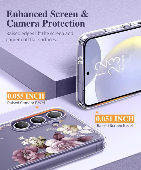 GVIEWIN for Samsung Galaxy S24 Case Floral, with Screen Protector & Camera Lens Protector, Hard PC&TPU Bumper Clear Shockproof Protective Women Ph...