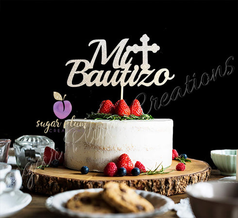 Mi Bautizo Cake Toper Silver Glitter...