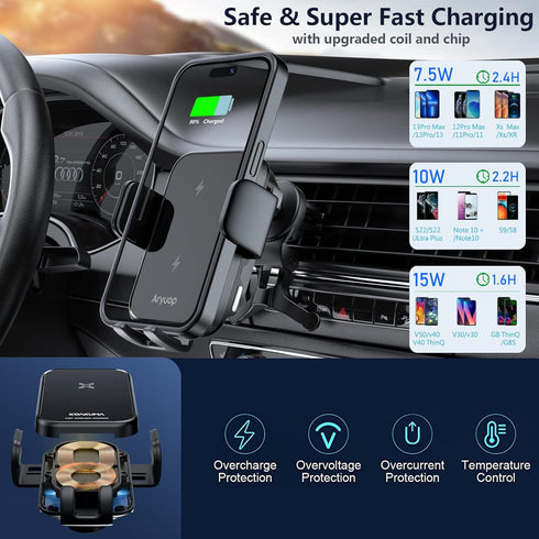 15W Fast Wireless Car Charger Mount - Auto Alignment Clamping Wireless Car Phone Charger, Dashboard Windshield Wireless Charging Car Holder for iP...
