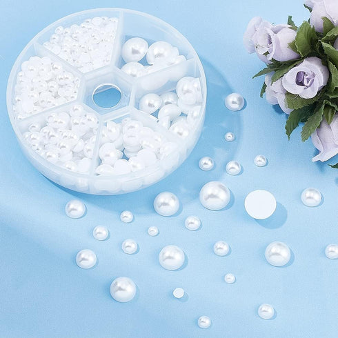 PandaHall Elite 1 Box About 690 Pcs White Assorted Mixed Sizes 4-12mm Flat Back Pearl Cabochons...