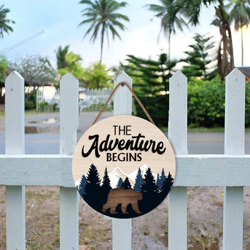 LHIUEM The Adventure Begins Wooden Hanging Sign,Woodland Wall Decor,Bear Mountain Inspirational Quotes Wooden Sign For Home Cabin Decor,Forest Cam...