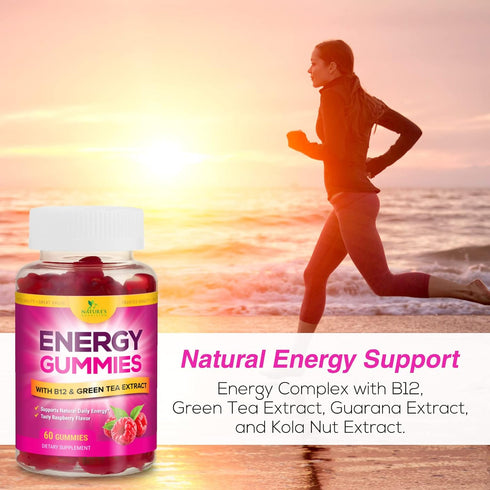 Energy Gummies Vitamin B12, Green Tea & Natural Caffeine, Extra Strength 1000 mcg Daily Energy Vitamins, Delicious Raspberry Flavor Gummy Chewable...