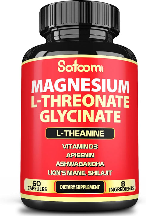 Satoomi 8in1 Magnesium L-Threonate and Glycinate - Plus Ashwagandha, Lions Mane Vitamin D3 and More - Supports Brain Health & Memory - 60 Count...