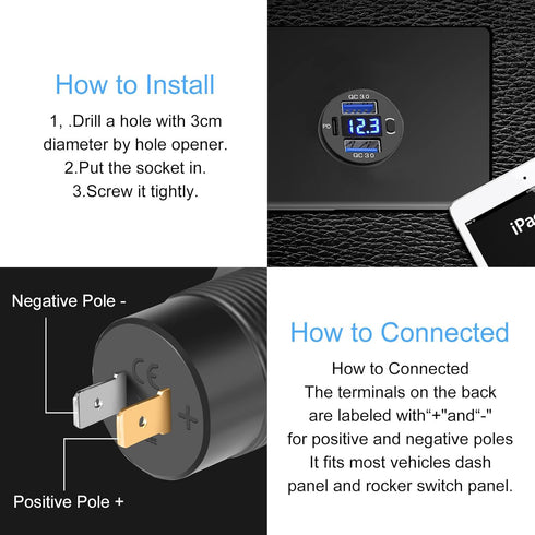 Dual USB Quick Charge 3.0 Port & PD USB C Car Charger Socket, 12V USB Outlet with Voltmeter and Power Switch for Car Boat Marine Truck......