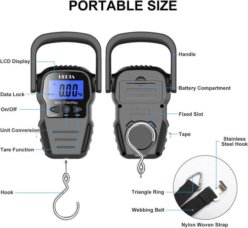 HEETA Fish Scale with Backlit LCD Display, Up to 110lb/50kg Digital Portable Hanging Fish Weight Scale with Hook & Measuring Tape for Home, Farm, ...