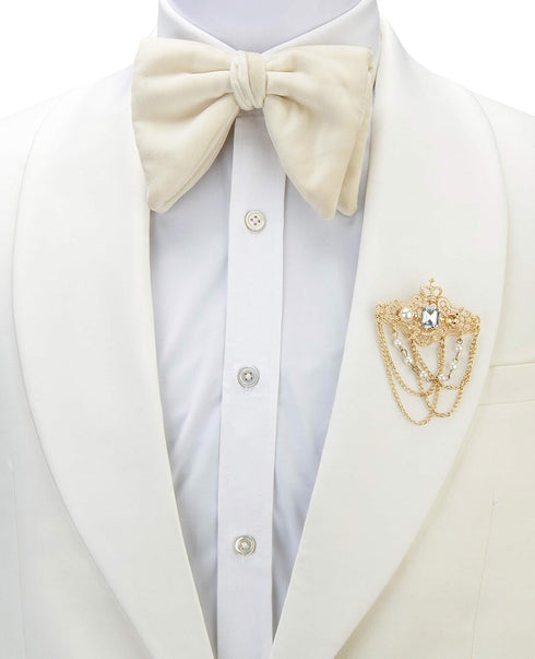 Knighthood Gold Crowned White Stone with Engraving Imitation Pearl and Hanging Chain Metal Lapel Pin Brooch for Men...