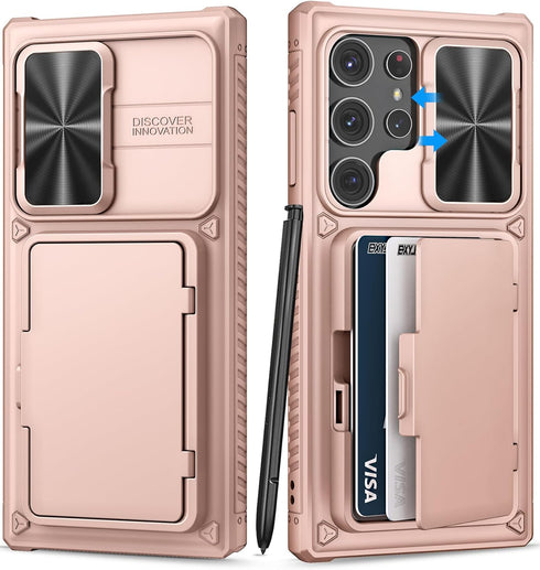 for Samsung Galaxy S23 Ultra Case with Card Holder (4-5 Cards) & Slide Lens Cover & Kickstand, Rugged Anti-Drop Wallet Phone Case Cover Compatible...