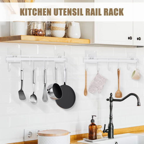 Kitchen Utensil Rack Wall Mount, White Adhesive Kitchen Utensil Hanger No Drilling Kitchen Utensil Holder Space Saving Kitchen Wall Hooks for Kitc...